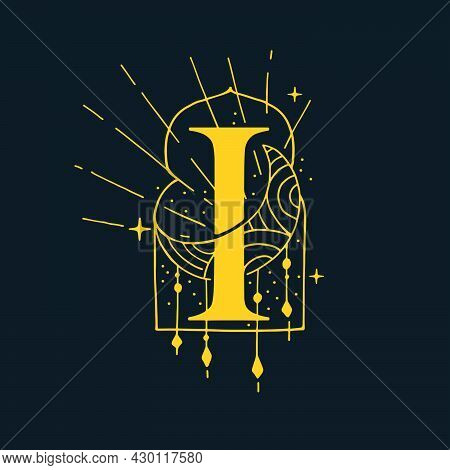 I Letter Logo In The Astrological Style. Hand Drawn Monogram For Magic Postcards, Medieval Style Pos