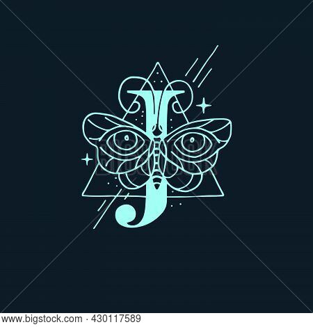 J Letter Logo In The Astrological Style. Hand Drawn Monogram For Magic Postcards, Medieval Style Pos