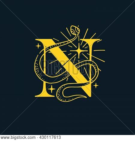 N Letter Logo In The Astrological Style. Hand Drawn Monogram For Magic Postcards, Medieval Style Pos