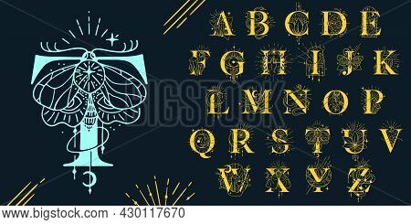 Alphabet In The Astrological Style. Hand Drawn Monogram For Magic Postcards, Medieval Style Posters,