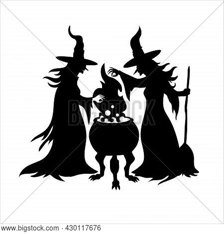 Black Silhouette Of Two Witches With A Cauldron. Happy Halloween Vector Clipart Illustration Of Witc