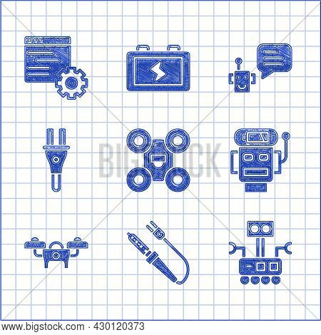 Set Drone, Soldering Iron, Robot, Low Battery Charge, Electric Plug, Bot And Computer Api Interface 