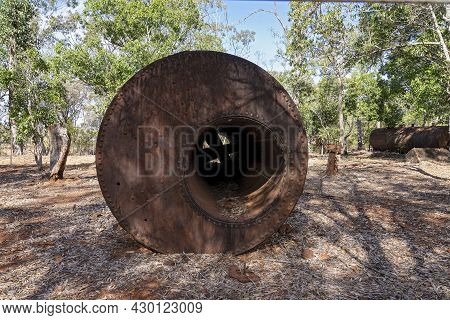 Rusted Old Chimney From An Old Abattoir On Site Many Years Ago, Now Left Amongst The Trees As A Tour