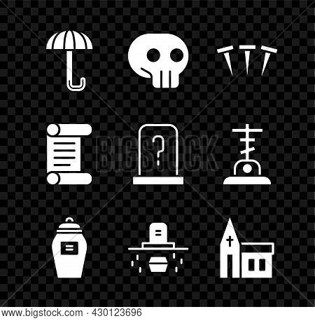 Set Umbrella, Skull, Metallic Nails, Funeral Urn, Grave With Coffin, Church Building, Decree, Parchm