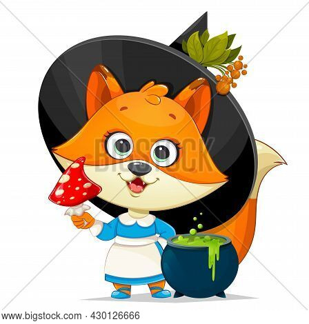 Happy Halloween. Cute Foxy Witch. Funny Witch Fox With Fly Agaric And Cauldron With Potion. Stock Ve