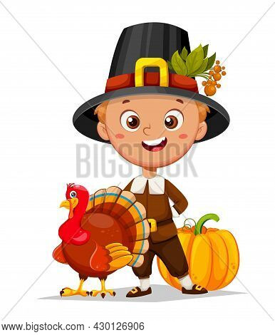 Happy Thanksgiving Day. Cute Little Pilgrim Boy Cartoon Character Standing With Turkey Bird And Pump
