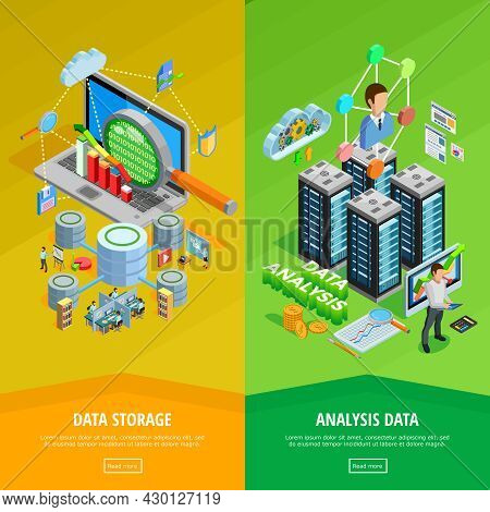 Big Data Storage And Analysis Technology Informatio Decisions 2 Isometric Vertical Banners Webpage D