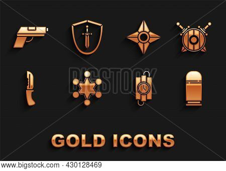 Set Police Badge, Wooden Shield With Crossed Swords, Cartridges, Dynamite Stick And Timer Clock, Mil