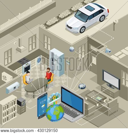 Internet Of Things Smart Urban Home Interior Concept Isometric Poster With Remote Controlled Applian