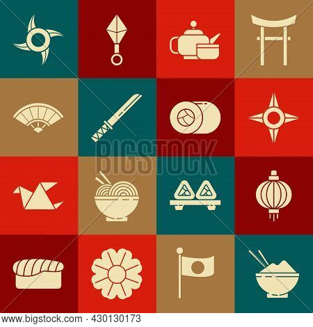 Set Rice In A Bowl With Chopstick, Japanese Paper Lantern, Ninja Shuriken, Tea Ceremony, Traditional