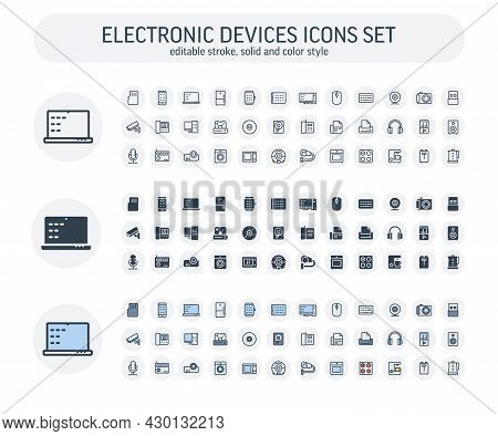 Vector Editable Stroke, Solid, Color Style Icons Set With Digital Technology, Electronics Outline Sy