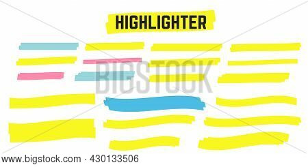 Vector Highlighter Elements. Yellow Marker Text Selection