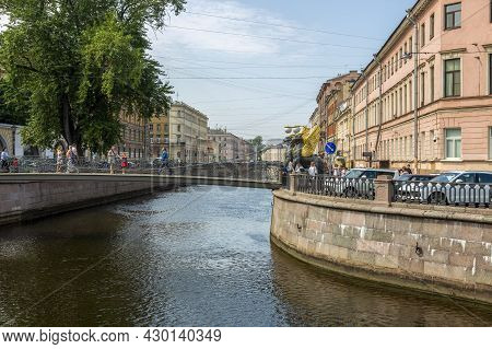 St. Petersburg, Russia - July 09, 2021: View Of Bank Bridge In St. Petersburg On The Canal Griboedov