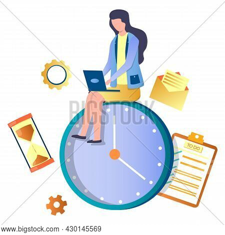 Woman Working On Laptop Sitting On Huge Clock, Flat Vector Illustration. Time Management, Planning, 