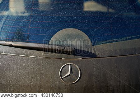 Irkutsk, Russia - July 10 2021: Close Up Dirty Mercedes Car With A Wiper On The Back Window. Do Not 