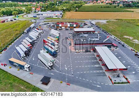 Trucks On Parking Near Gas Station, Shop Store And Mc Donalds Restaurant. Katy Wroclawskie, Poland -