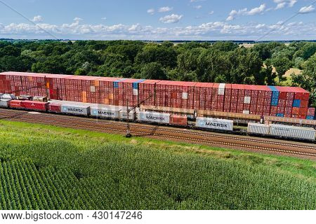 Containers On The Railway Platform. Business And Logistic Concept, Cargo Transit. Katy Wroclawskie, 