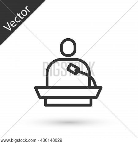 Grey Line Gives Lecture Icon Isolated On White Background. Stand Near Podium. Speak Into Microphone.