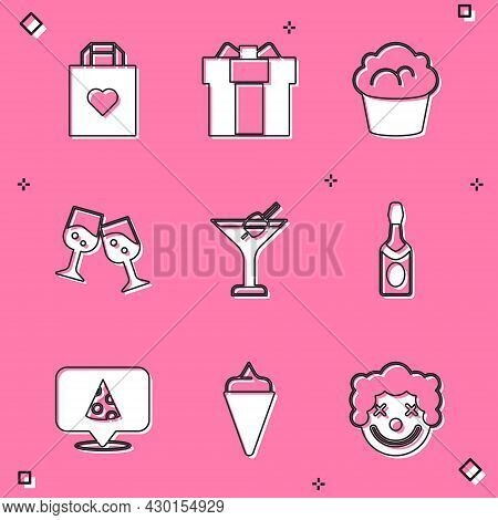 Set Shopping Bag With Heart, Gift Box, Muffin, Glass Of Champagne, Martini Glass, Champagne Bottle, 