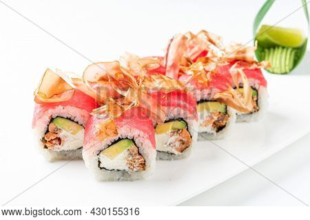 tasy sushi on the white background