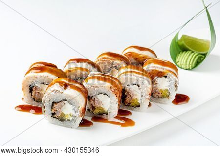 tasy sushi on the white background