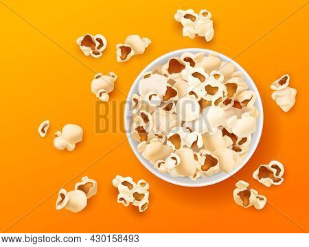 Popcorn Top View. Realistic Snacks In Paper Bucket, Cup Corn Souffles On Bright Color Background, Sa