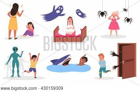 Kids Fears. Different Children Phobias. Scared Boys And Girls. Babies Afraid Of Terrible Dreaming An