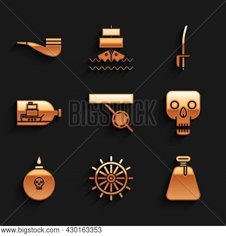 Set Pirate Eye Patch, Ship Steering Wheel, Sack, Skull, Bomb Ready To Explode, Bottle With Ship Insi