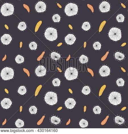 Seamless Abstract Dandelion Puffball And Autumn Leaves Pattern. Print For Clothes, Textile, Wrapping