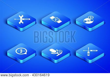 Set Crossed Screwdrivers, And Wrench, Microphone Service, Location, Smartwatch And Cd Or Dvd Disk Ic