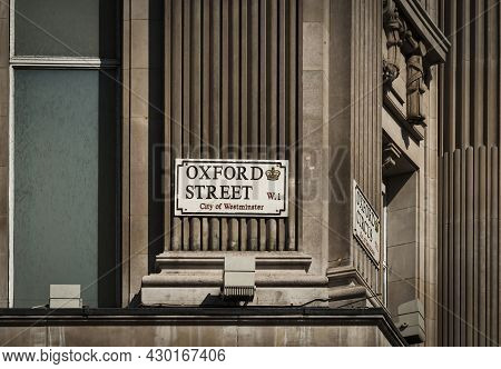 A Sign On A Street Wall For Oxford Street In Central London