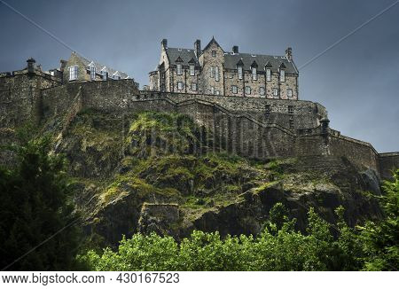 View Of Edinburgh Castle Over The Hill. In Scotland