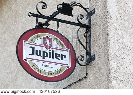 Genouilleux, France - July 21, 2021: Jupiter Logo On A Building. Jupiter Is A Belgian Beer Introduce