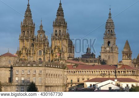 View Of Santiago De Compostela With Its Cathedral In The Background At Sunset. Compostela Holy Year.