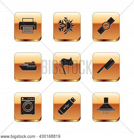Set Printer, Washer, Usb Flash Drive, Flag, Ship And Wrist Watch Icon. Vector