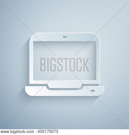 Paper Cut Laptop Icon Isolated On Grey Background. Computer Notebook With Empty Screen Sign. Paper A