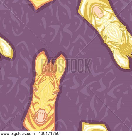 Vector Retro Colorful Zebra Design In Purple, Yelllow And Orange Seamless Pattern Background. Perfec