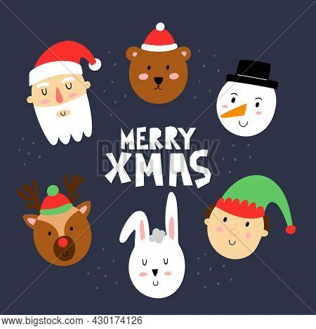 Christmas Card. Cute Xmas Portraits, Canta Claus And Snowman, Rudolf Deer And Elf, Winter Bear And R