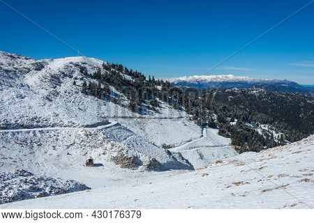 Sunny Snowy Weather On Mount Parnassos, Central Greece