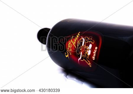 Bottle Of Sange De Taur Wine Isolated On White. Illustrative Editorial Photo Shot In Bucharest, Roma