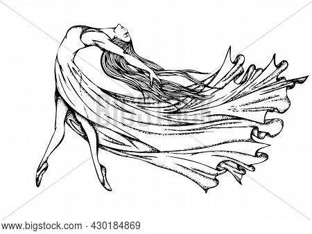 Hand Drawn Vector Illustration. Ballerina Dancing Modern Dance In A Long Fluttering Dress Isolated O
