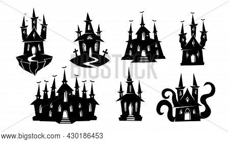 Silhouette Of Haunted House, Ghost Mansion, Castle. Black Silhouettes Of Halloween Creepy Mansions S