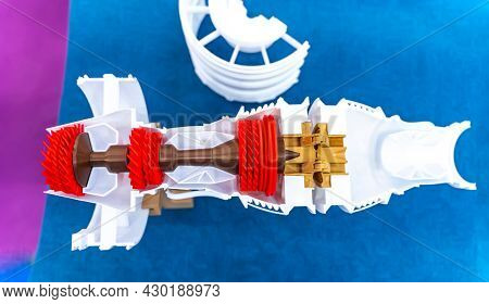 3d printed jet engine scale model. High bypass aircraft turbofan plastic replica.