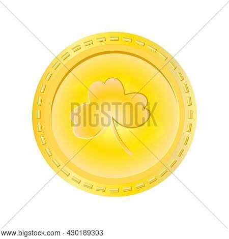 Gold Coin With Clover Isolated On White Background. Saint Patrick's Day Money. Leprechaun Luck Cash 