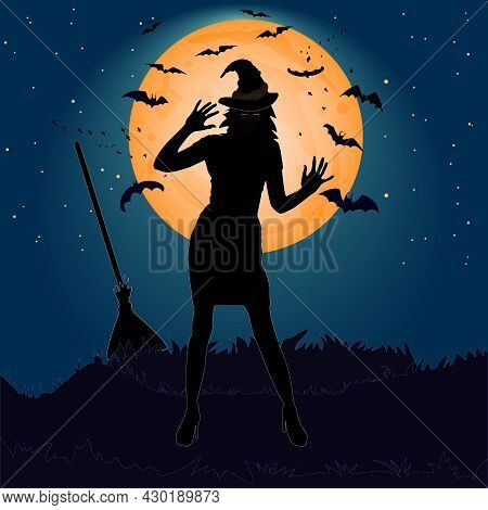 Halloween Witch On The Moon Background. Beautiful Witch Girl Silhouette In Night. Sexy Woman Witch W