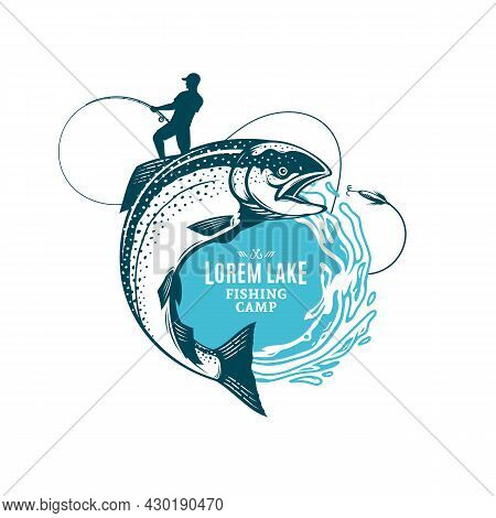 Fishing Logo With Jumping Fish And Fisherman