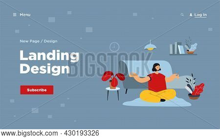 Peaceful Woman Doing Yoga At Home Flat Vector Illustration. Cartoon Calm Female Character Sitting In