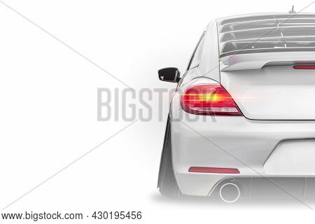 Close Up Of Taillight Detail Of White Modern Luxury Sportscar Isolated On White Background With Plac