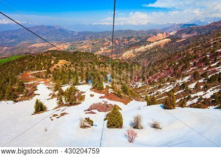 Cable Car To The Beldersay Mountain In Chimgan Region Near Taskent City In Uzbekistan In Spring