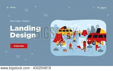 Summer Festival And Tourist Group Camping Outdoor. Flat Vector Illustration. People Enjoying Nature 